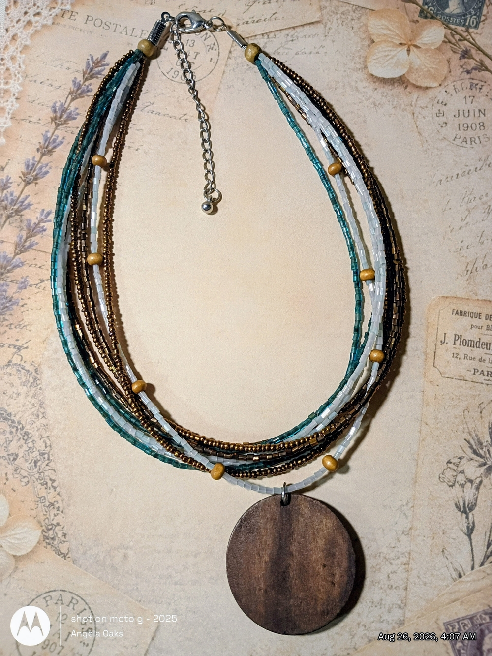 Layered Beaded Necklace with Wooden Pendant - Teal, Brown & White